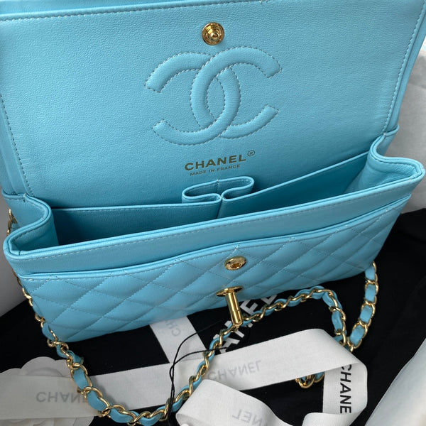 Medium Classic Flap Bag 23cm Blue Sky Lambskin Gold Hardware