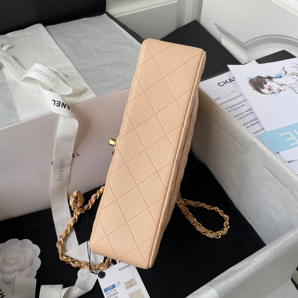 Borsa media classica con patta 23 cm color salmone e caviale, finiture dorate 