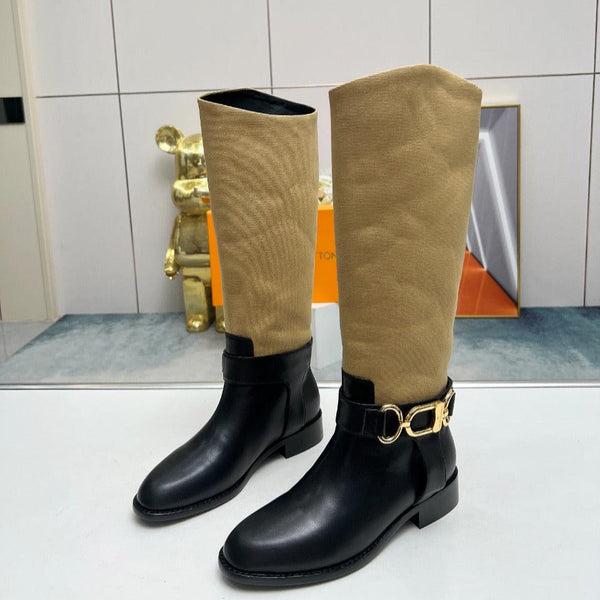 Stivale alto piatto LV Westside 40mm in pelle di agnello marrone chiaro misto nero