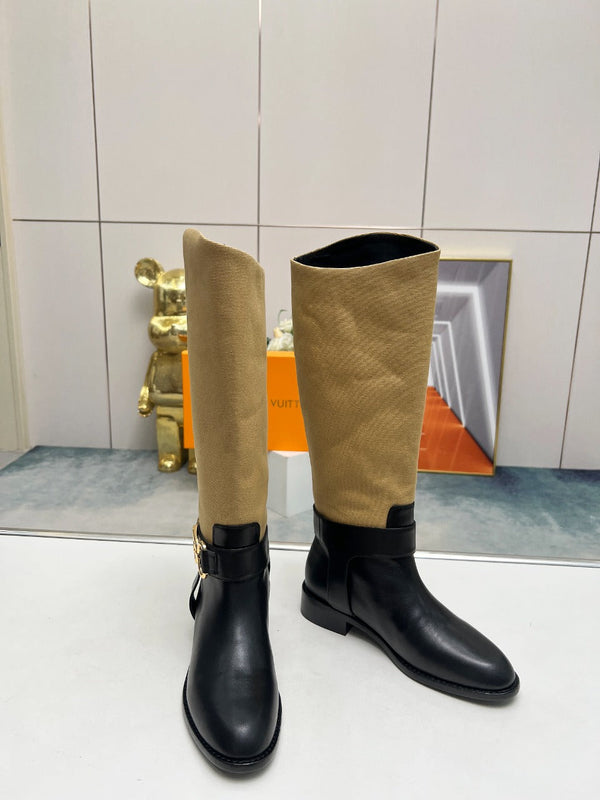 Stivale alto piatto LV Westside 40mm in pelle di agnello marrone chiaro misto nero