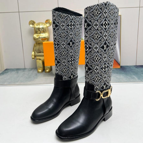 Stivale alto piatto LV Westside 40mm in pelle di agnello monogrammata nera e bianca