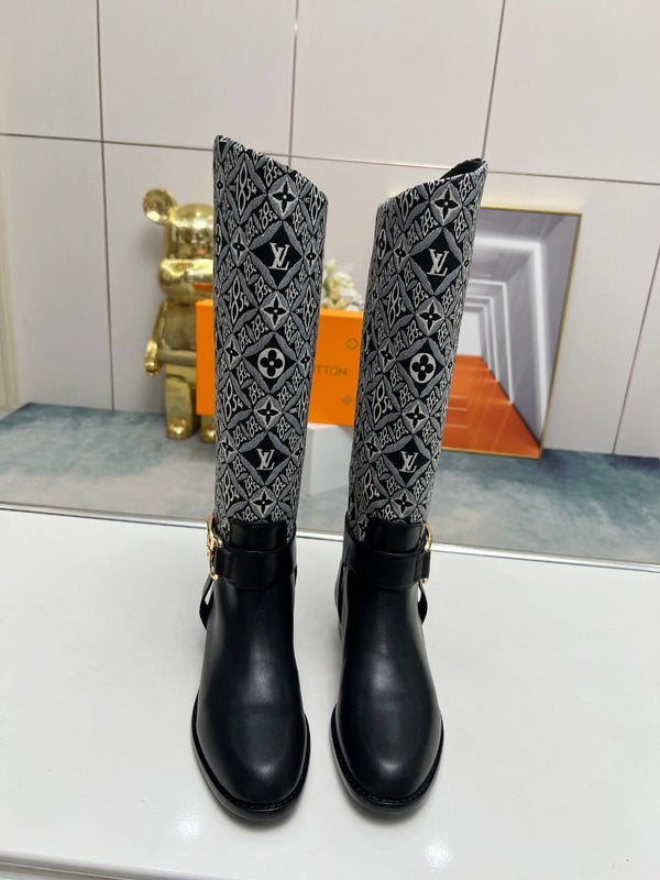 Stivale alto piatto LV Westside 40mm in pelle di agnello monogrammata nera e bianca