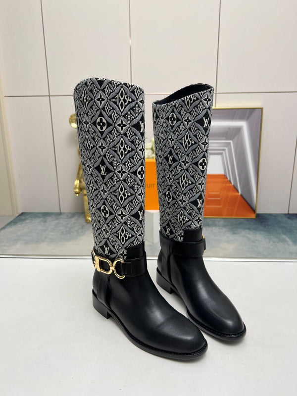 Stivale alto piatto LV Westside 40mm in pelle di agnello monogrammata nera e bianca