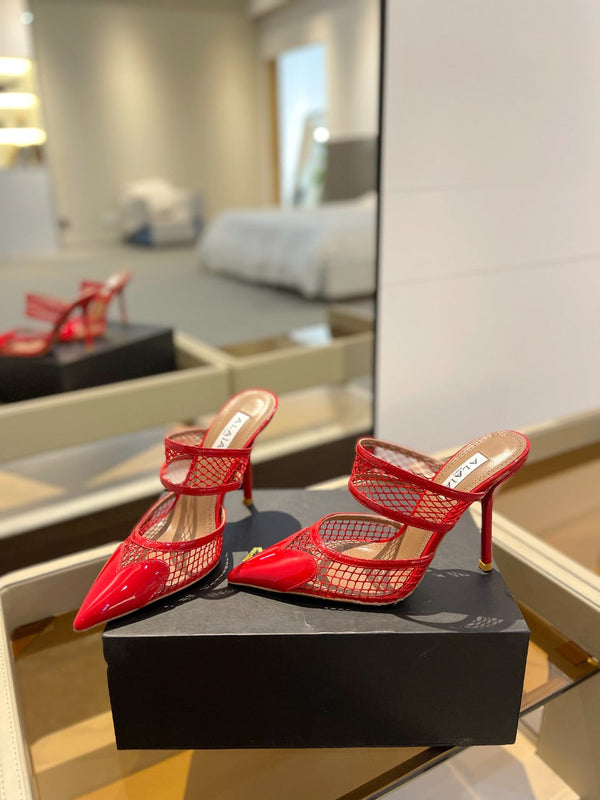 alaia mule 110 fishnet cuore rosso pelle di agnello
