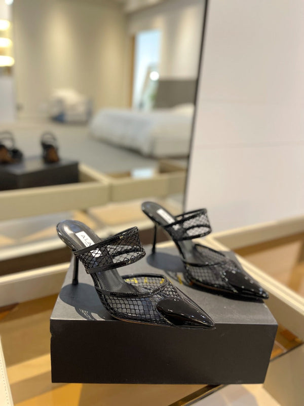 alaia mule 85 fishnet cuore nero pelle di agnello