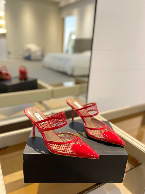 alaia mule 85 fishnet cuore rosso pelle di agnello
