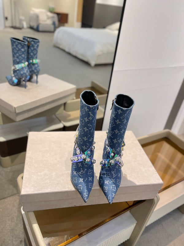 LV Ankle Boots 100mm Blue Monogram Jacquard Fabric