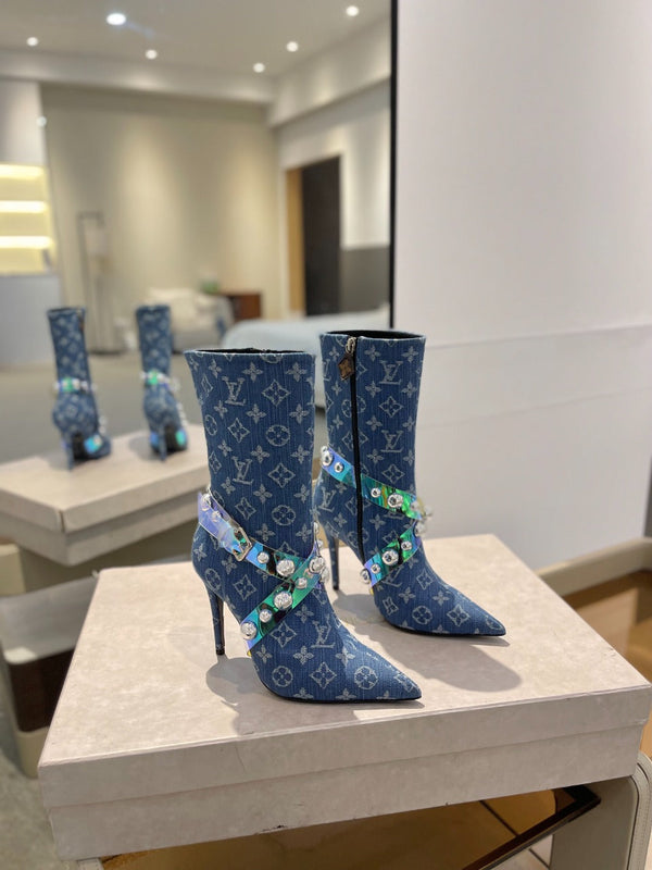 LV Ankle Boots 100mm Blue Monogram Jacquard Fabric