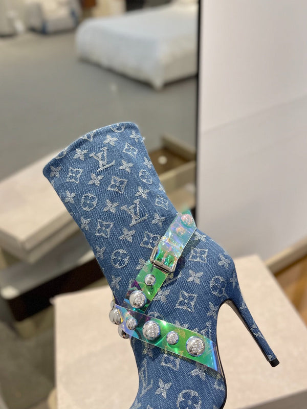 LV Ankle Boots 100mm Blue Monogram Jacquard Fabric