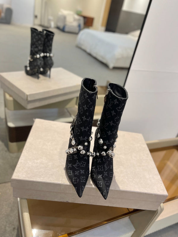 LV Ankle Boots 100mm Black Monogram Jacquard Fabric
