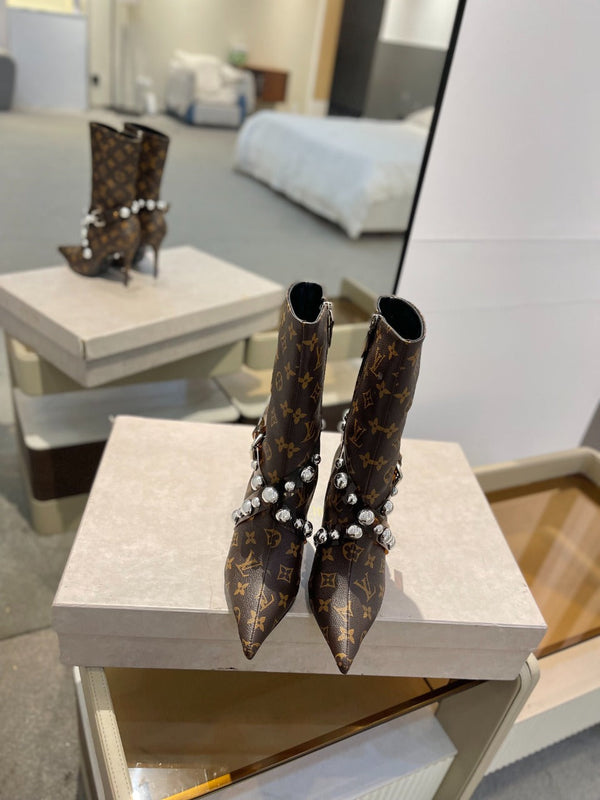 LV Ankle Boots 100mm Dark Brown Monogram Lambskin