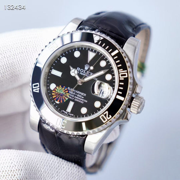 SUBMARINER DATE BLACK DIAL LEATHER STRAP