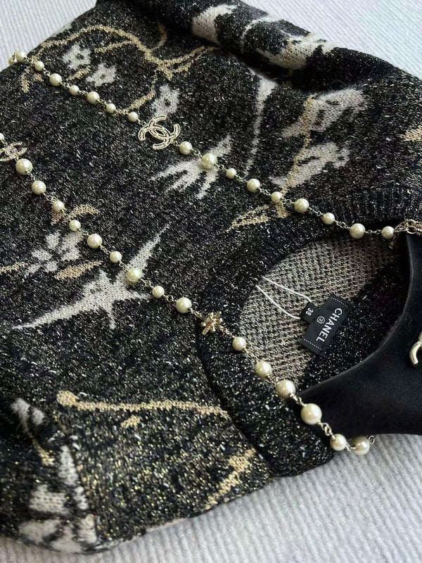 CC Sweater in Navy Blue Gold Wool and Metal Film