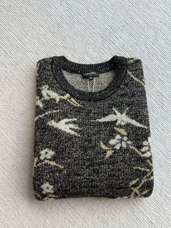 CC Sweater in Navy Blue Gold Wool and Metal Film